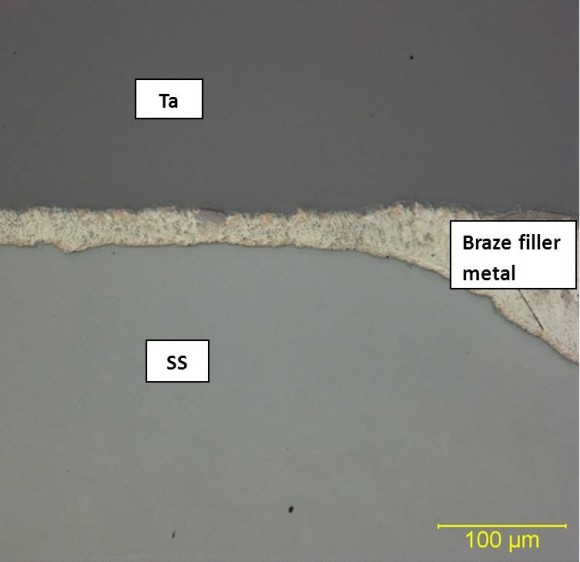 Figure 2.  Cross-section of braze joint between Ta and ferritic stainless steel using BAg-8 + 2% Ti braze filler metal.