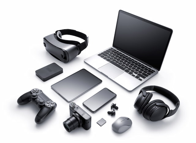 Common consumer electronics against a white background. Laptop, VR headset, game controller, phones.